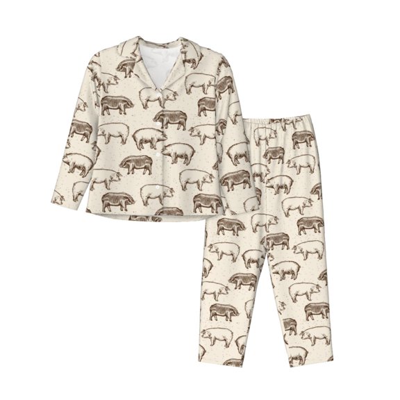 Logiee Vintage Farm Pigs Print Womens Pajamas Set,Long Sleeve Sleepwear,Button Down Lounge Set 2 Pieces,Soft Nightwear Pjs Set-X-Large