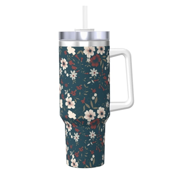 Logiee Vintage Floral Print 40OZ Ice Bully Cup with Handle and Straw, Double Wall Stainless Steel Tumbler,Travel Coffee Cup with Lid, Summer Insulation and Cooling Cup