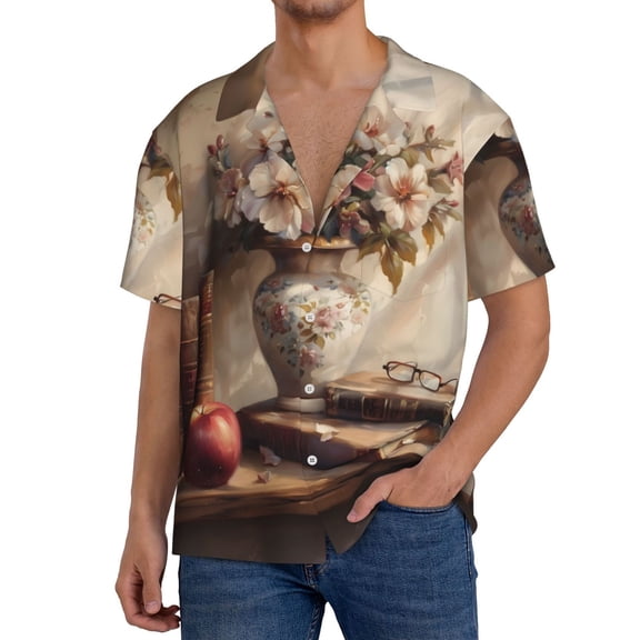 Logiee Vintage Floral Vase With Books Print Men's Button Down Shirts Short Sleeve, Summer Beach Shirts,Vacation Wedding Shirts,Men's Casual Button-Down Shirts with Pocket-Large