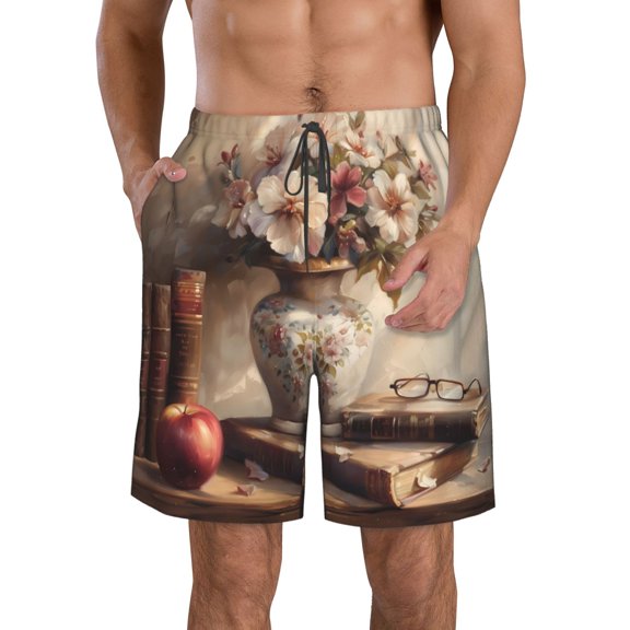 Logiee Vintage Floral Vase With Books Print Mens Swim Trunks Quick Dry Board Shorts,Breathable Hawaii Beach Shorts Swimwear Bathing Suits-Medium