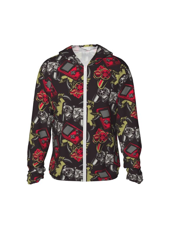 Vintage Gaming Print Men's Women Light Jacket Full Zip Sun Protection Hoodie Long Sleeve Sun Shirts for Men Hiking Fishing Zip Pockets-3X-Large