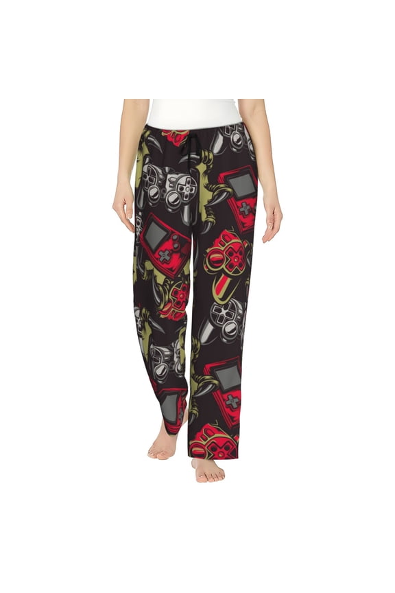 Vintage Gaming Print Women Pajama Pants,Comfy Pj Bottom with Pockets & Drawstring,Stretch Casual Sleepwear-Large