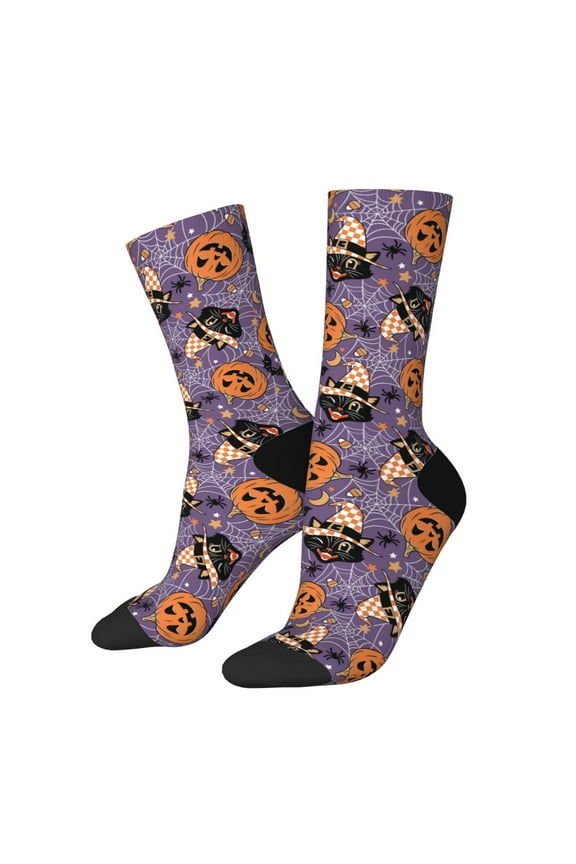 Vintage Halloween Black Cat Print Adult Socks for Men & Women,Calf Socks, Ankle Socks,Boots Socks,Breathable Casual Sock,Unisex Crew Socks