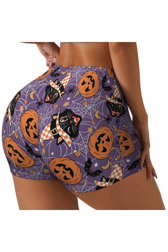 Vintage Halloween Black Cat Print Women's Biker Shorts,Workout Gym Shorts,Scrunch Shorts,Tummy Control Hidden Scrunch Running Yoga Shorts-X-Large