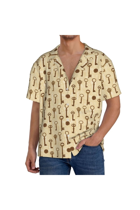 Vintage Keys Print Men's Button Down Shirts Short Sleeve, Summer Beach Shirts,Vacation Wedding Shirts,Men's Casual Button-Down Shirts with Pocket-Large