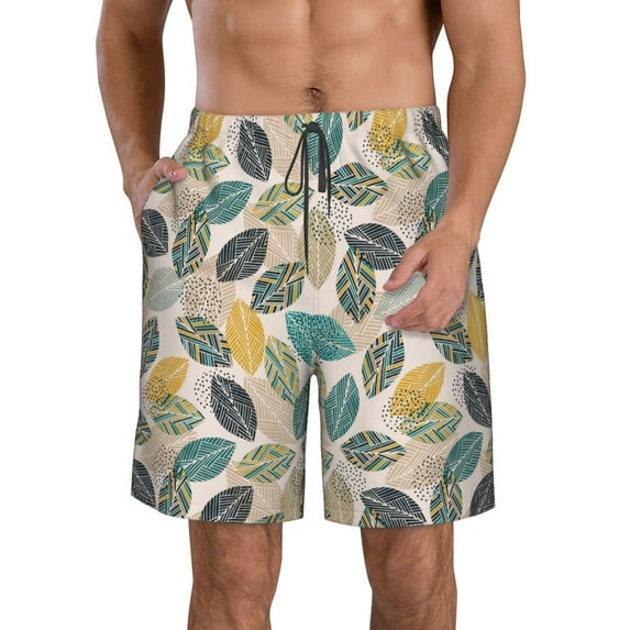 Logiee Vintage Leaves Print Mens Swim Trunks Quick Dry Board Shorts,Breathable Hawaii Beach Shorts Swimwear Bathing Suits-Large