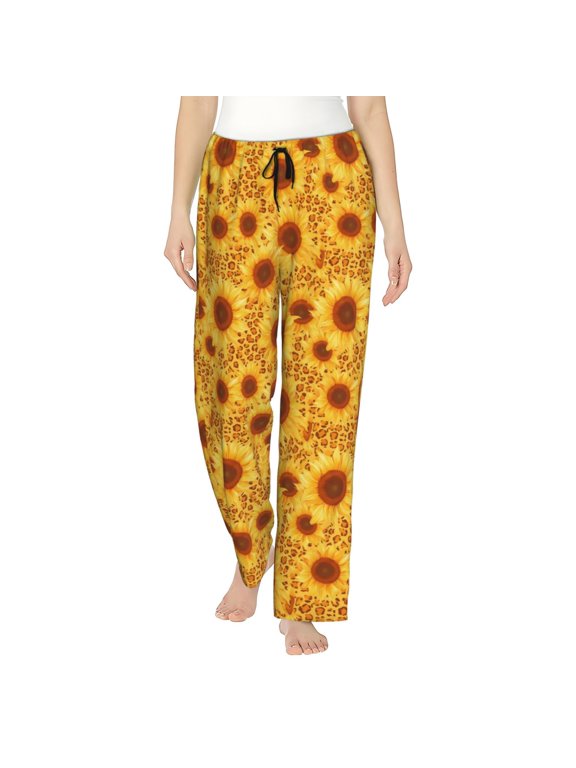 Vintage Leopard Print Sunflower Print Women Pajama Pants,Comfy Pj Bottom with Pockets & Drawstring,Stretch Casual Sleepwear-X-Large