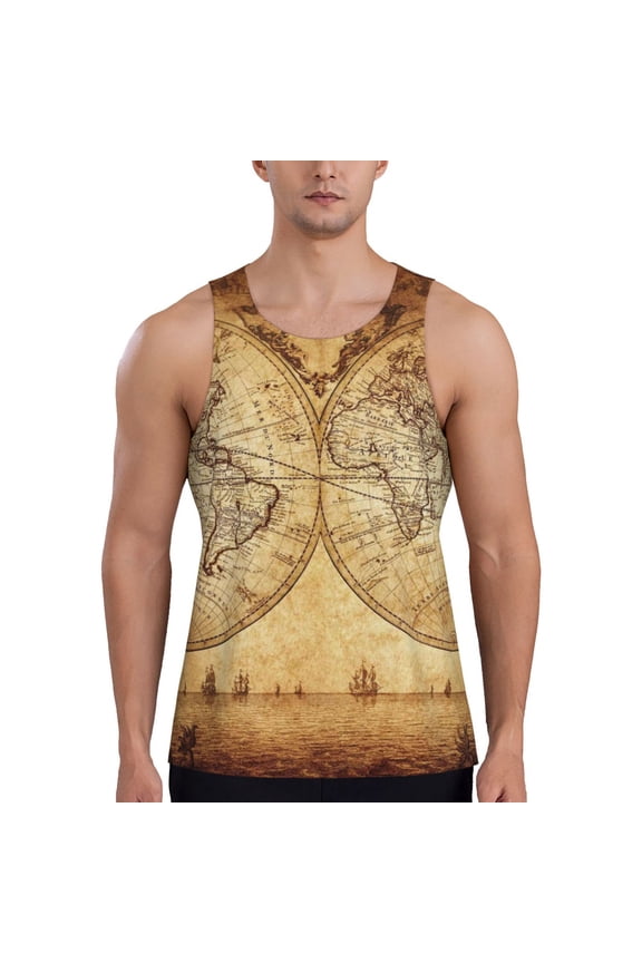 Vintage Map Of The World Print Men's Workout Tank Top,Quick Dry Workout Tank Top,Gym Muscle Tee,Fitness Bodybuilding Sleeveless T Shirt-XX-Large