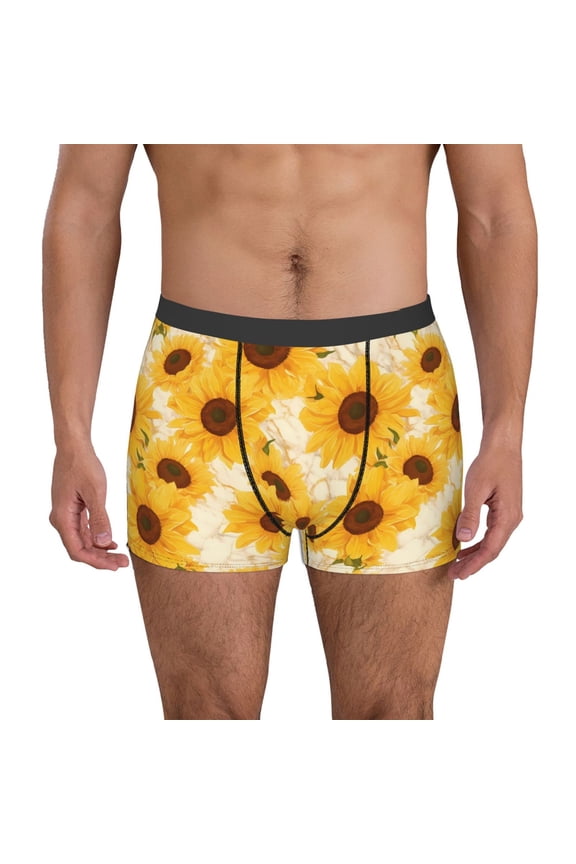 Vintage Marble Pattern Sunflower Print Mens Boxer Briefs,Boxer Briefs for Men,Breathable Stretch Underwear,Boys Boxer Briefs-Medium