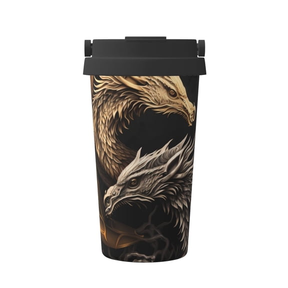 Logiee Vintage Metal Dragon Print Stainless Steel Coffee Tumbler, Travel Coffee Mug, Insulated Coffee Mug with Lid, Spill Proof Coffee Cup, Portable Thermal Mug