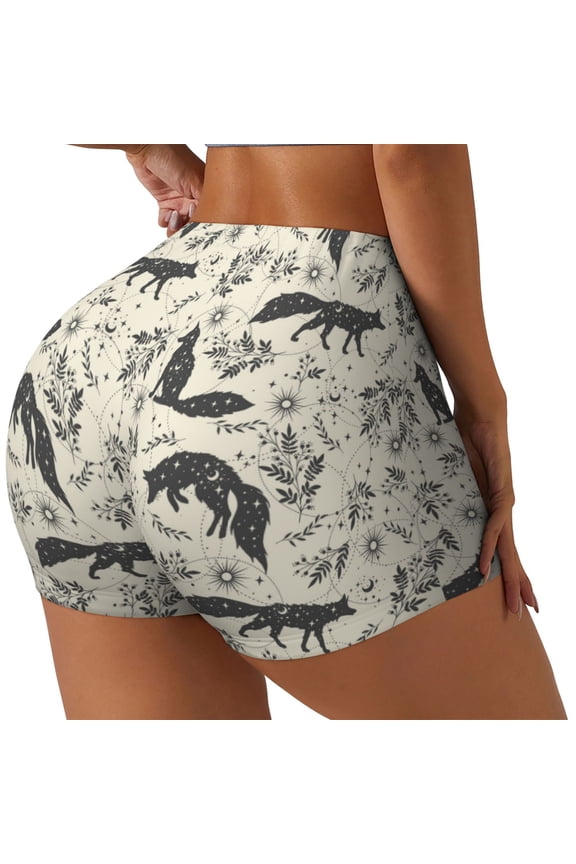 Vintage Moon Fox Print Women's Biker Shorts,Workout Gym Shorts,Scrunch Shorts,Tummy Control Hidden Scrunch Running Yoga Shorts-Medium