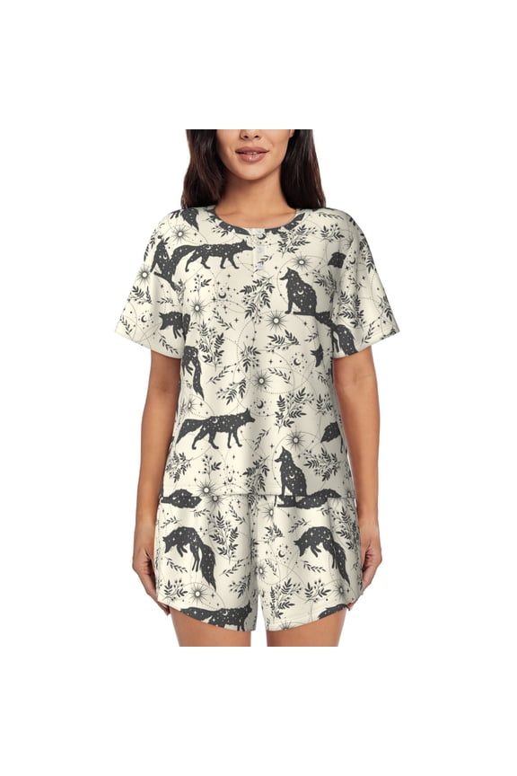 Vintage Moon Fox Print Womens Pajamas Set,Short-Sleeve Pajama 2 Piece Sleepwear with Pockets-Medium