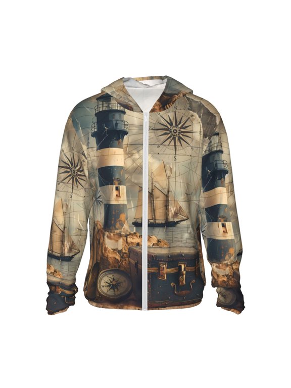 Vintage Nautical Lighthouse Print Men's Women Light Jacket Full Zip Sun Protection Hoodie Long Sleeve Sun Shirts for Men Hiking Fishing Zip Pockets-