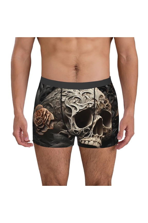 Vintage Pattern Flower Skull Print Mens Boxer Briefs,Boxer Briefs for Men,Breathable Stretch Underwear,Boys Boxer Briefs-Small