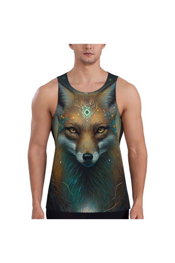 Vintage Pattern Fox Print Men's Workout Tank Top,Quick Dry Workout Tank Top,Gym Muscle Tee,Fitness Bodybuilding Sleeveless T Shirt-
