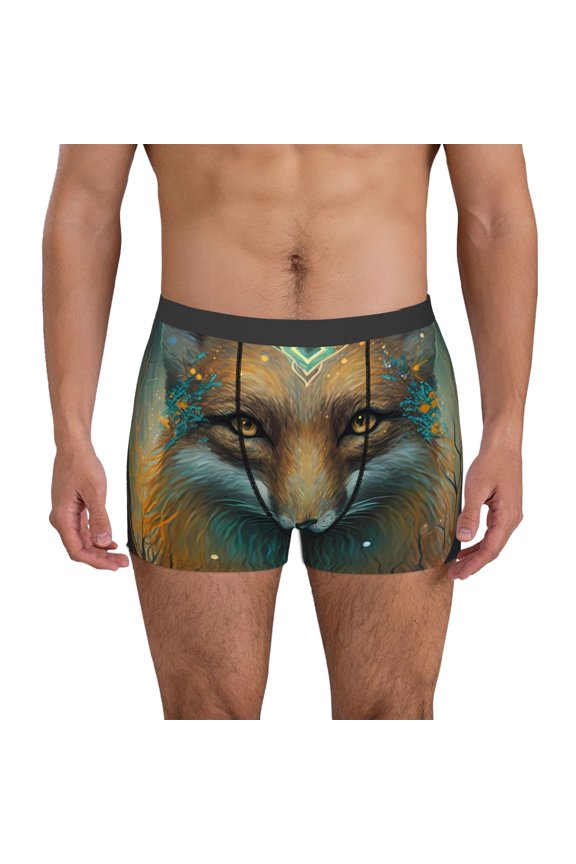 Vintage Pattern Fox Print Mens Boxer Briefs,Boxer Briefs for Men,Breathable Stretch Underwear,Boys Boxer Briefs-Large