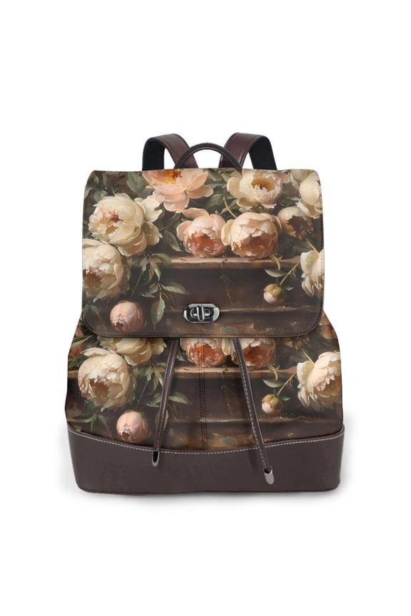 Logiee Vintage Peonies Rustic Charm Print Backpack Purse for Women,Fashion Leather Backpack Purse,Women's Leather Backpack for Work College Travel