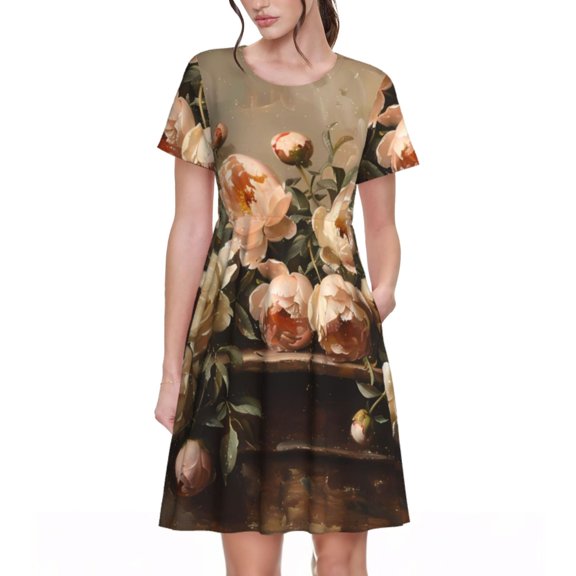 Logiee Vintage Peonies Rustic Charm Print Womens Summer Dress,Casual Short Sleeve Sundresses,Beach A-line Shift Dress with Pockets