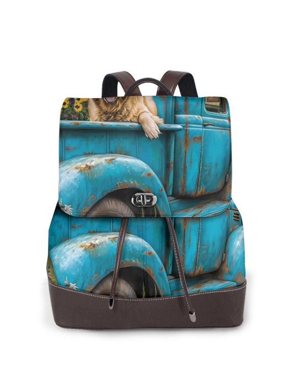 Vintage Pickup Sunflower Dog Print Women's Leather Backpack,Travel Laptop Backpack,Fashion Ladies Leather Backpack Bag for Travel,Leather Drawstring Daypack for Me
