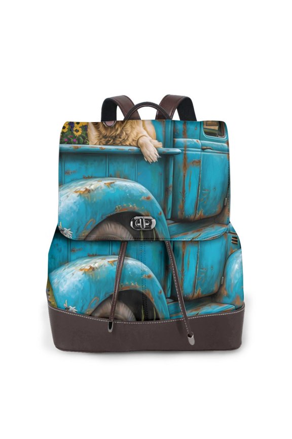 Vintage Pickup Sunflower Dog Print Women's Leather Backpack,Travel Laptop Backpack,Fashion Ladies Leather Backpack Bag for Travel,Leather Drawstring Daypack for Me