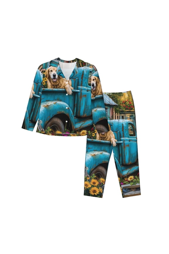 Vintage Pickup Sunflower Dog Print Womens Pajamas Set,Long Sleeve Sleepwear,Button Down Lounge Set 2 Pieces,Soft Nightwear Pjs Set-Medium