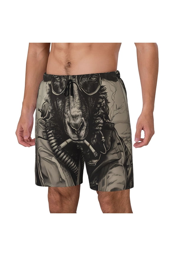 Vintage Ram Pilot Print Men's Swim Trunk,Quick Dry Board Shorts ,Men's Swim Trunks with Compression Liner, Bathing Suits with Pockets-Large