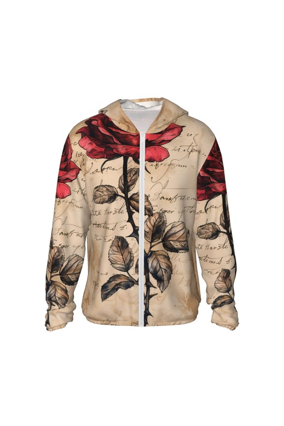 Vintage Rose Botanical Art Print Men's Women Light Jacket Full Zip Sun Protection Hoodie Long Sleeve Sun Shirts for Men Hiking Fishing Zip Pockets-Small