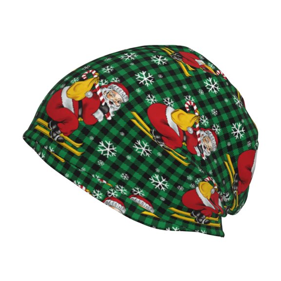 Logiee Vintage Santa Skiing Green Plaid Print Unisex Knit Beanie for Men Women Winter Hat,Beanies Skull Caps