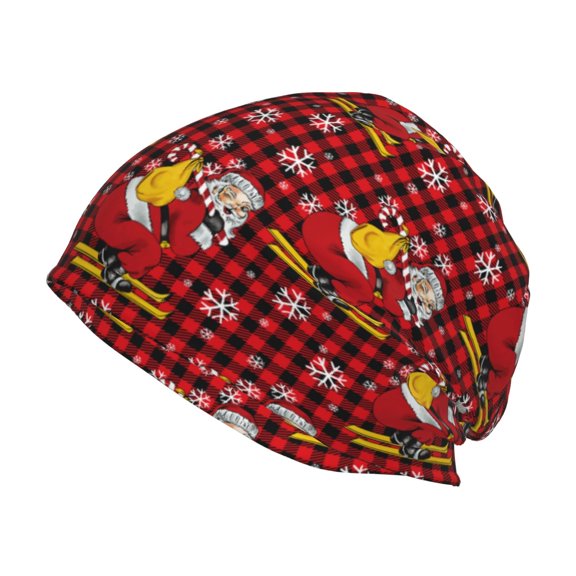 Logiee Vintage Santa Skiing Red Plaid Print Unisex Knit Beanie for Men Women Winter Hat,Beanies Skull Caps