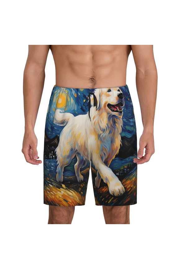 Vintage Starry Sky Labrador Print Men's Pajama Shorts with Drawstring & Pockets,Sleep Shorts for Men,Sleepwear Bottoms,Elastic Waistband Loungewear-4X-Large