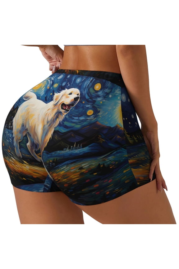 Vintage Starry Sky Labrador Print Women's Biker Shorts,Workout Gym Shorts,Scrunch Shorts,Tummy Control Hidden Scrunch Running Yoga Shorts-Medium