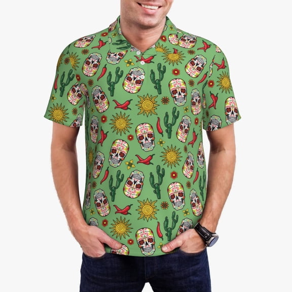 Logiee Vintage Sugar Skull Print Mens Polo Shirts,Mens Golf Polo Shirts,Short Sleeve Casual Polo Shirts for Men,Summer Fashion Beach Shirts-Large