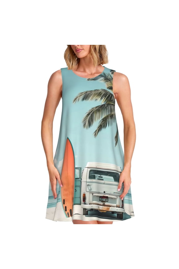 Vintage Surf Van Beach Print Summer Dresses for Women,Beach Sleeveless Flowy Pocket Tshirt Tank Sundresses,Women's Sleeveless Dress