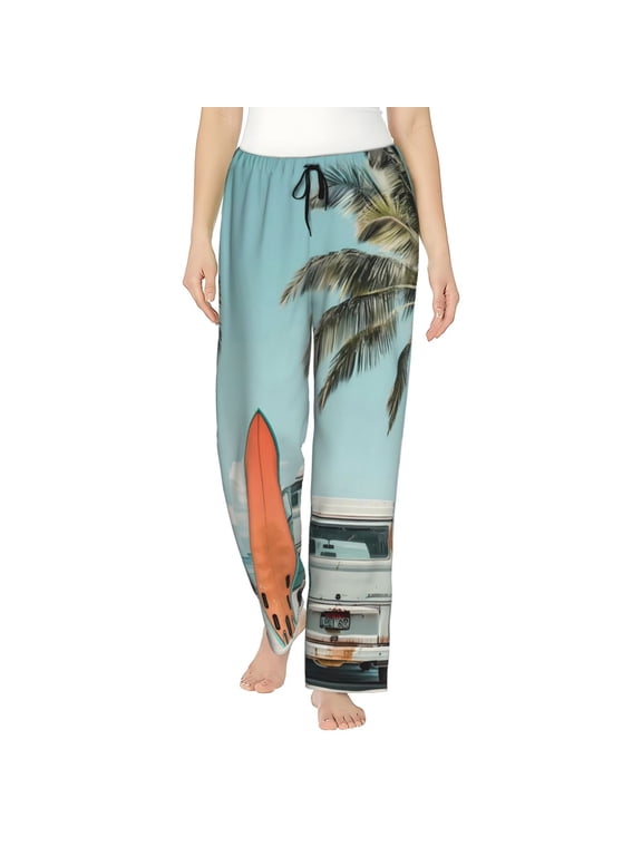 Vintage Surf Van Beach Print Women Pajama Pants,Comfy Pj Bottom with Pockets & Drawstring,Stretch Casual Sleepwear-Large
