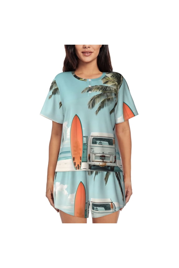 Vintage Surf Van Beach Print Womens Pajamas Set,Short-Sleeve Pajama 2 Piece Sleepwear with Pockets-Medium