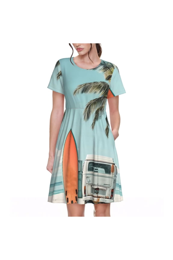 Vintage Surf Van Beach Print Womens Summer Dress,Casual Short Sleeve Sundresses,Beach A-line Shift Dress with Pockets
