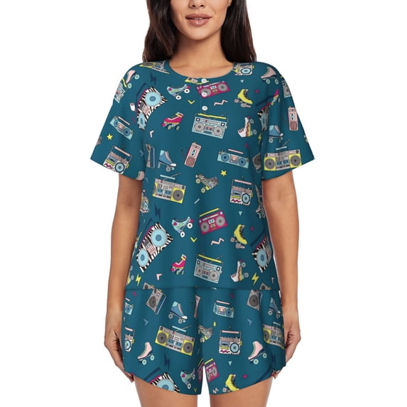 Logiee Vintage Tape Players And Skates Print Womens Pajamas Set,Short-Sleeve Pajama 2 Piece Sleepwear with Pockets-Medium