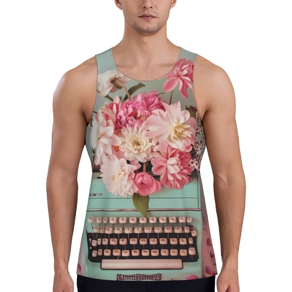 Logiee Vintage Typewriter Floral Print Men's Workout Tank Top,Quick Dry Workout Tank Top,Gym Muscle Tee,Fitness Bodybuilding Sleeveless T Shirt-Small