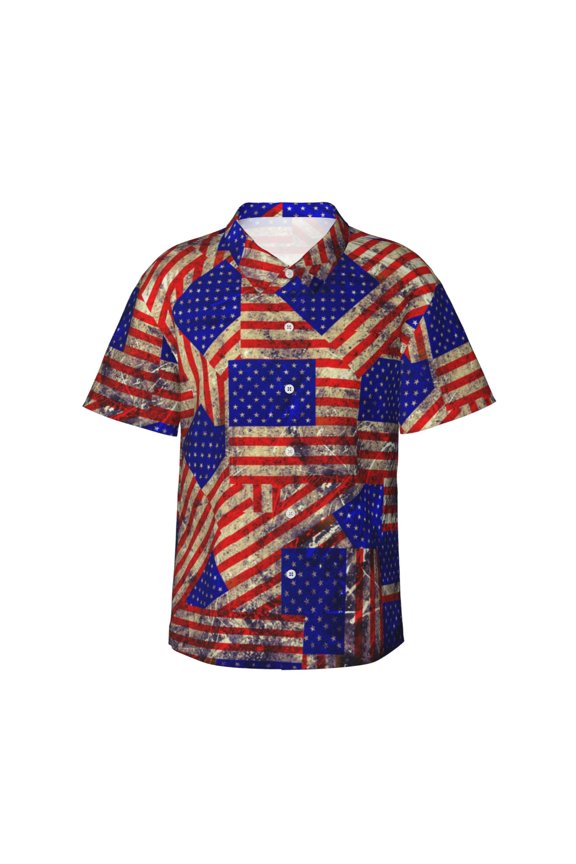 Vintage USA Flag Print Mens Hawaiian Shirts,Loose-Fit Short Sleeve Button Down Tropical Aloha Beach Shirt,Summer Vacation Wedding Tops,3X-Large