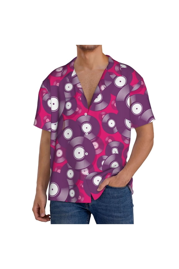 Vintage Vinyl Record Print Men's Button Down Shirts Short Sleeve, Summer Beach Shirts,Vacation Wedding Shirts,Men's Casual Button-Down Shirts with Pocket-Large