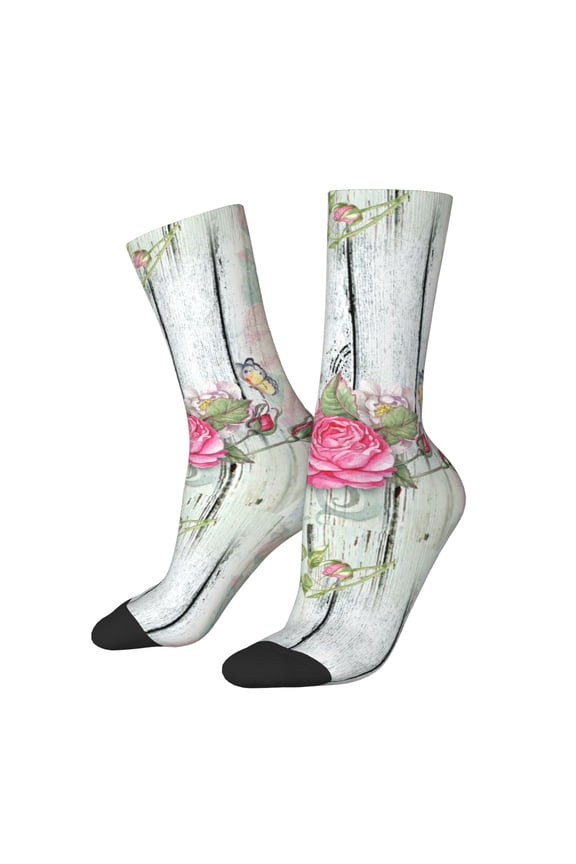 Vintage Wood with Floral Print Adult Socks for Men & Women,Calf Socks, Ankle Socks,Boots Socks,Breathable Casual Sock,Unisex Crew Socks