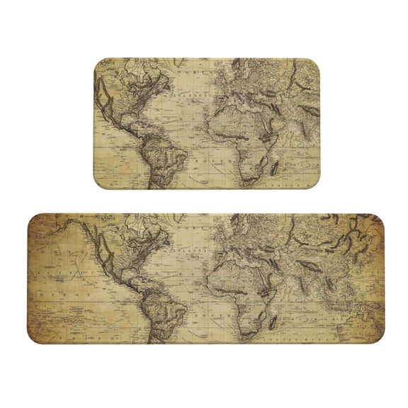 Logiee Vintage World Map Print Kitchen Mats for Floor Sets of 2,Waterproof Kitchen Rugs,Non Slip Comfort Standing Mat Rug for Home,Runner,Sink,Office,Laundry