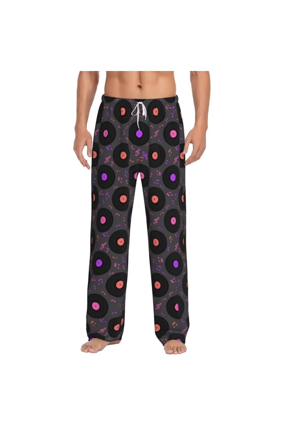 Vinyl Records Musical Notes Print Pajama Pants for Men,Men’s Pajama Bottoms,Mens PJ Pants with Pockets & Button Fly-3X-Large