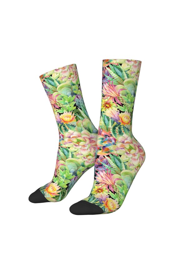 Watercolor Blooming Cactus Print Adult Socks for Men & Women,Calf Socks, Ankle Socks,Boots Socks,Breathable Casual Sock,Unisex Crew Socks