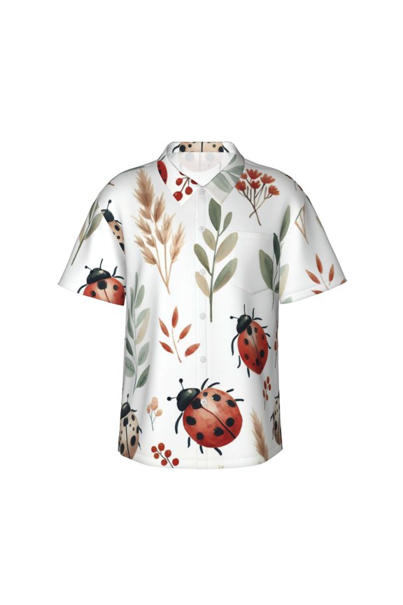 Watercolor Ladybug Print Mens Hawaiian Shirts,Loose-Fit Short Sleeve Button Down Tropical Aloha Beach Shirt,Summer Vacation Wedding Tops,Medium