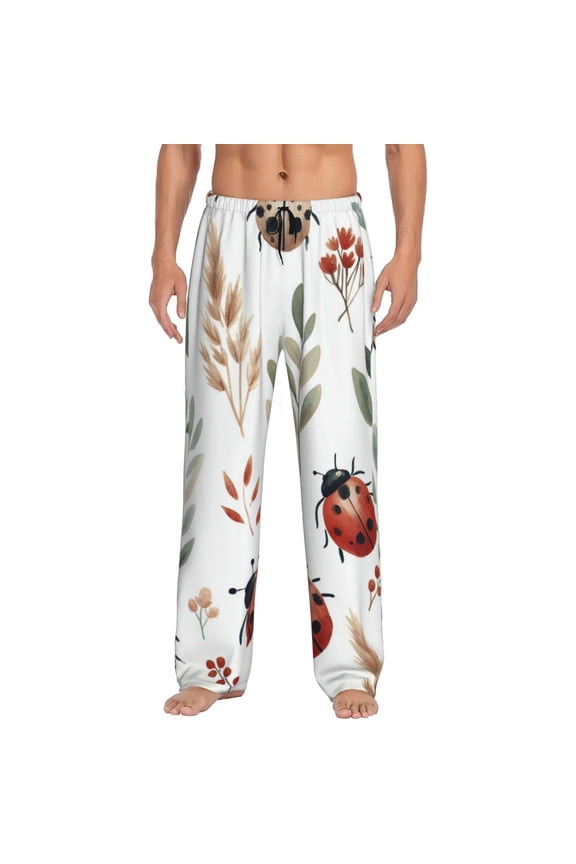 Watercolor Ladybug Print Pajama Pants for Men,Men’s Pajama Bottoms,Mens PJ Pants with Pockets & Button Fly-Large