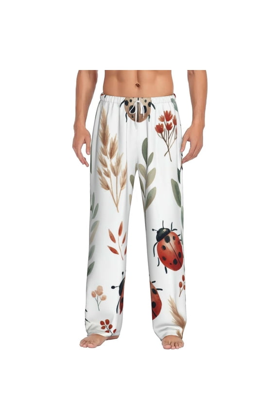 Watercolor Ladybug Print Pajama Pants for Men,Men’s Pajama Bottoms,Mens PJ Pants with Pockets & Button Fly-XX-Large