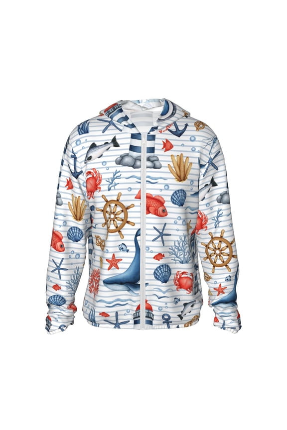 Watercolor Nautical Print Men's Women Light Jacket Full Zip Sun Protection Hoodie Long Sleeve Sun Shirts for Men Hiking Fishing Zip Pockets-Medium