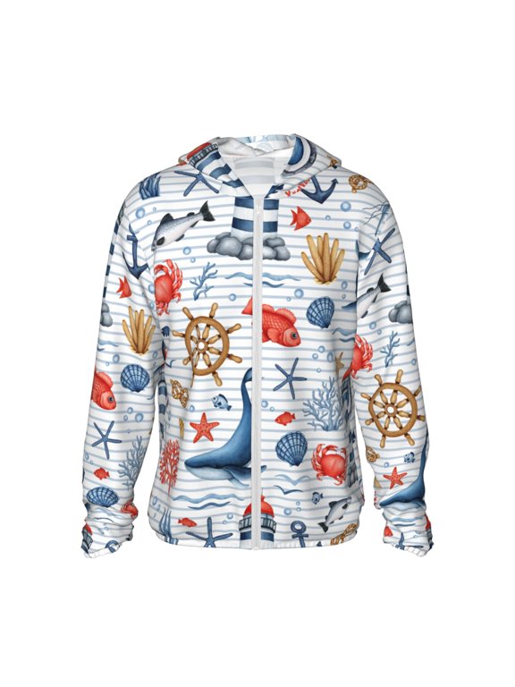 Watercolor Nautical Print Men's Women Light Jacket Full Zip Sun Protection Hoodie Long Sleeve Sun Shirts for Men Hiking Fishing Zip Pockets-Medium