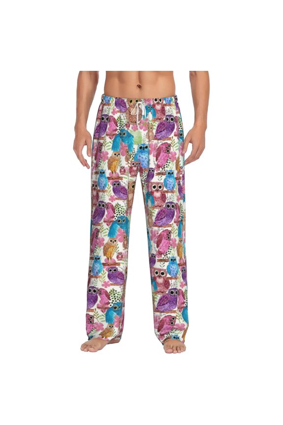 Watercolor Owl Print Pajama Pants for Men,Men’s Pajama Bottoms,Mens PJ Pants with Pockets & Button Fly-Medium